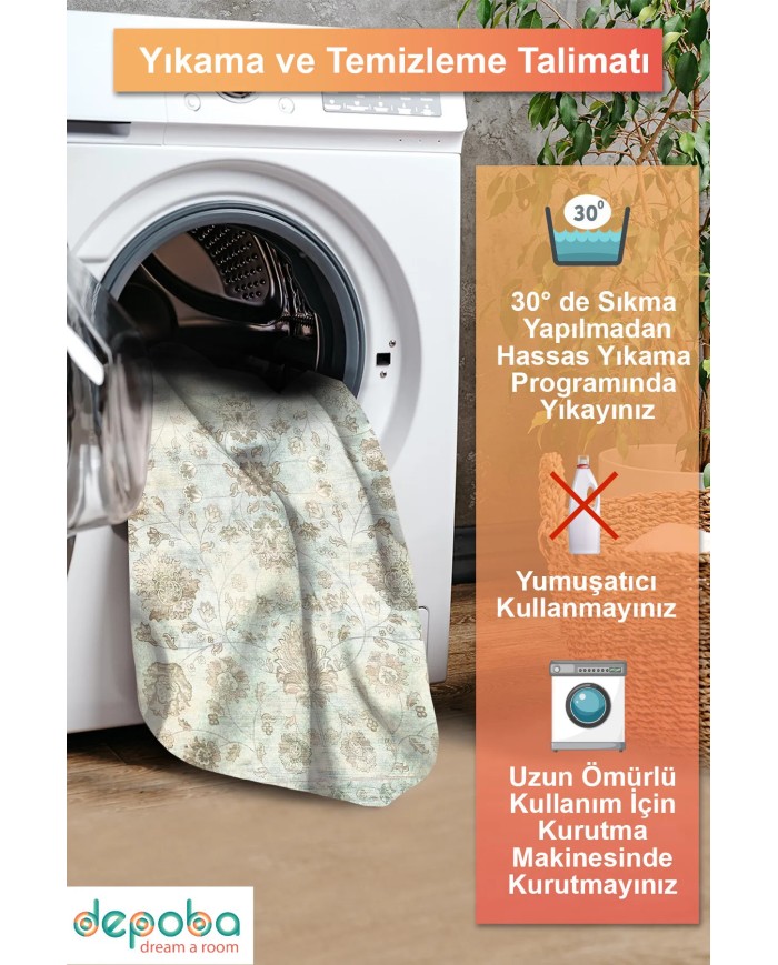 Delas Şönil Vintage Desenli Pamuk Taban Kaymaz Yıkanabilen Antibakteriyel Yolluk