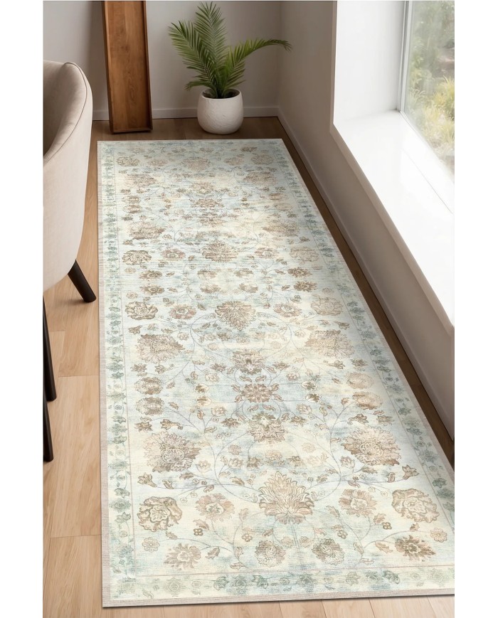 Delas Şönil Vintage Desenli Pamuk Taban Kaymaz Yıkanabilen Antibakteriyel Yolluk