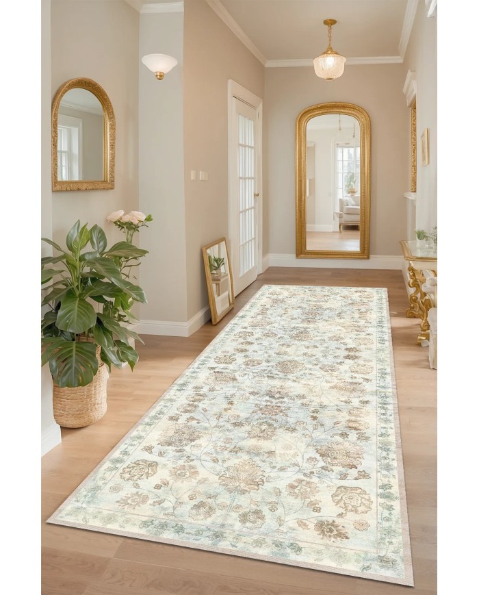 Delas Şönil Vintage Desenli Pamuk Taban Kaymaz Yıkanabilen Antibakteriyel Yolluk