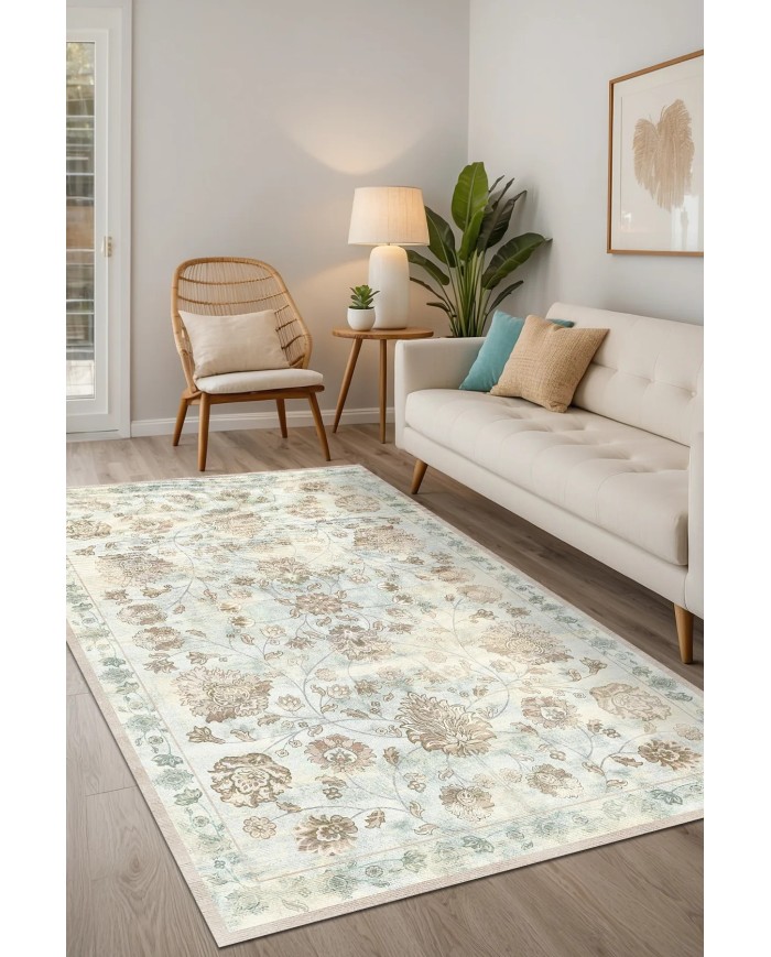 Delas Şönil Vintage Desenli Pamuk Taban Kaymaz Yıkanabilen Antibakteriyel Salon Halısı