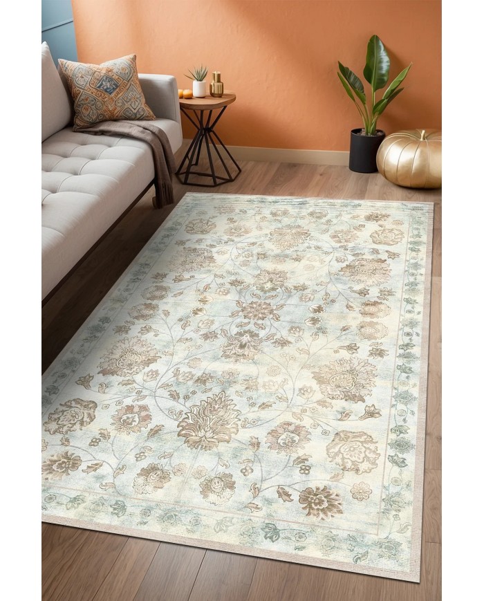 Delas Şönil Vintage Desenli Pamuk Taban Kaymaz Yıkanabilen Antibakteriyel Salon Halısı