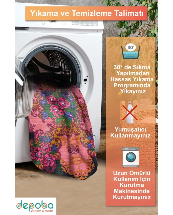 Alona Şönil Vintage Desenli Pamuk Taban Kaymaz Yıkanabilen Antibakteriyel Salon Halısıı