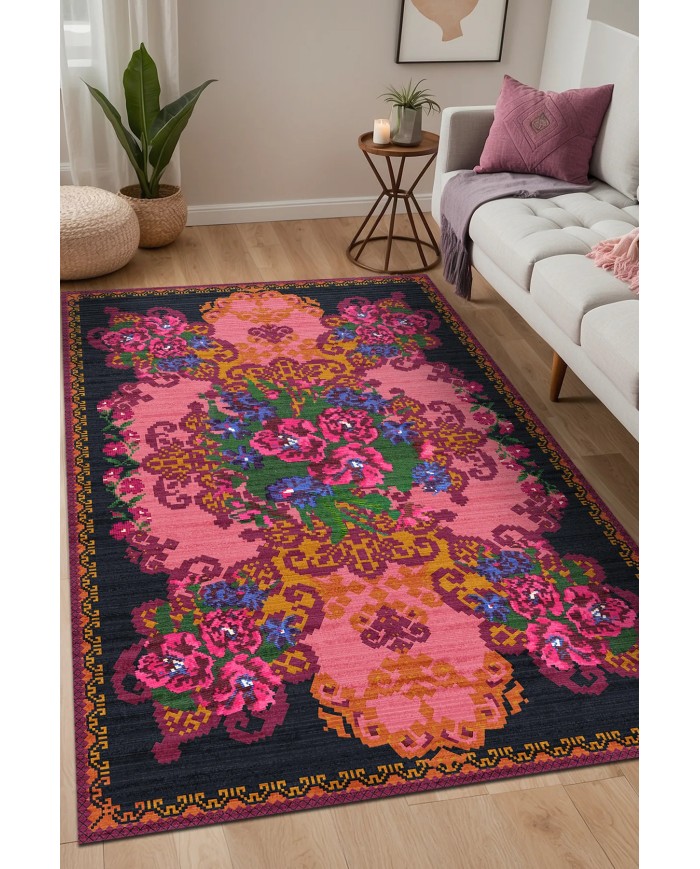 Alona Şönil Vintage Desenli Pamuk Taban Kaymaz Yıkanabilen Antibakteriyel Salon Halısıı