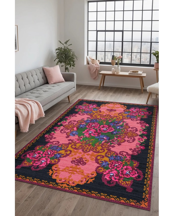 Alona Şönil Vintage Desenli Pamuk Taban Kaymaz Yıkanabilen Antibakteriyel Salon Halısıı