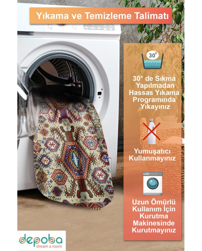 Emara Modern Şönil Doğal Pamuk Tabanlı Kaymaz Antibakteriyel Yıkanabilir Kilim Salon Halısı