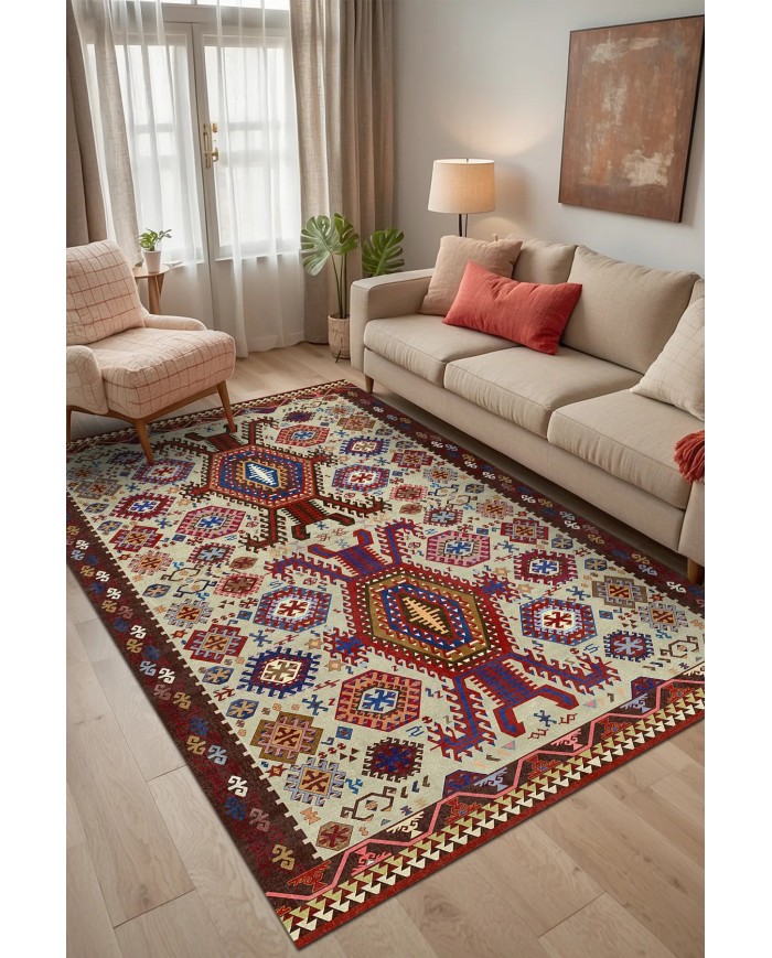 Emara Modern Şönil Doğal Pamuk Tabanlı Kaymaz Antibakteriyel Yıkanabilir Kilim Salon Halısı