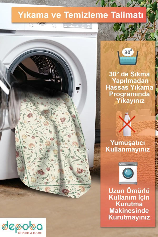 Flon Çiçek Desenli Şönil Pamuk Taban Kaymaz Yıkanabilen Antibakteriyel Salon Halısı