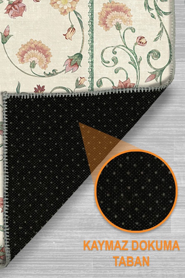 Flon Çiçek Desenli Şönil Pamuk Taban Kaymaz Yıkanabilen Antibakteriyel Salon Halısı