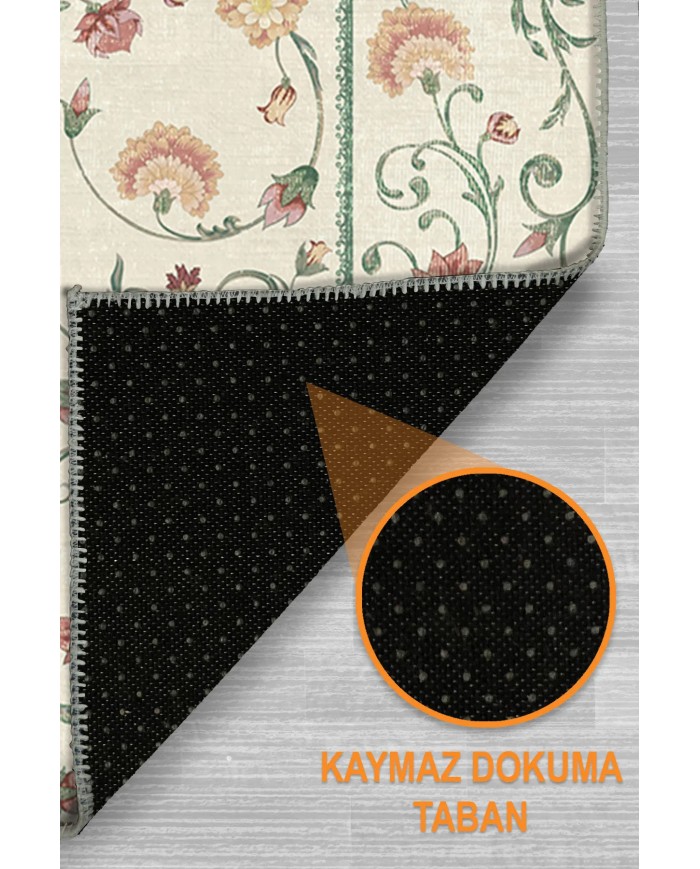 Flon Çiçek Desenli Şönil Pamuk Taban Kaymaz Yıkanabilen Antibakteriyel Salon Halısı