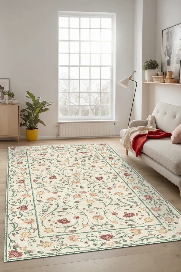 Flon Çiçek Desenli Şönil Pamuk Taban Kaymaz Yıkanabilen Antibakteriyel Salon Halısı