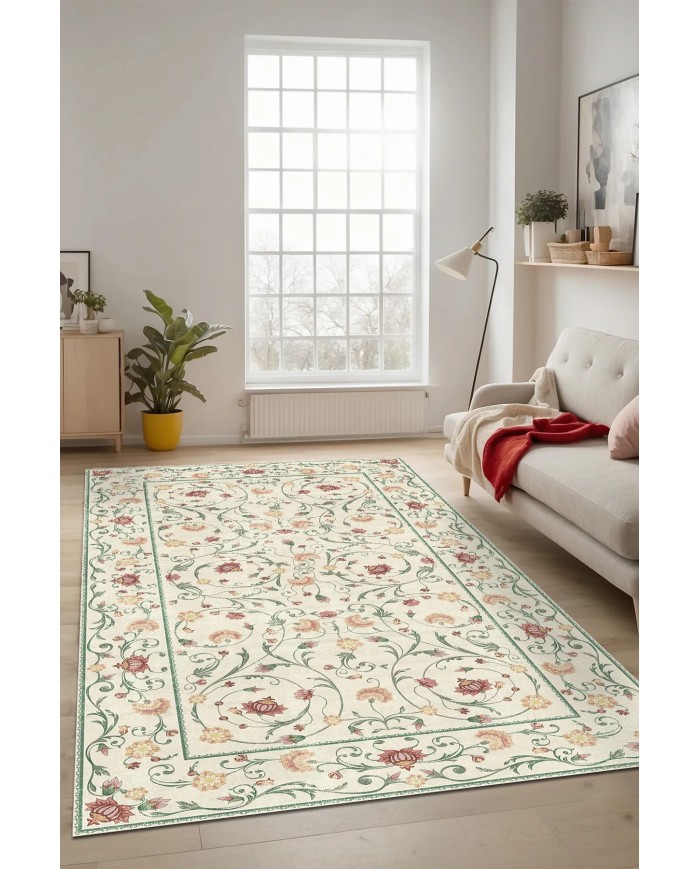 Flon Çiçek Desenli Şönil Pamuk Taban Kaymaz Yıkanabilen Antibakteriyel Salon Halısı