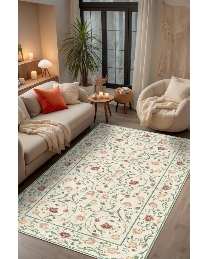 Flon Çiçek Desenli Şönil Pamuk Taban Kaymaz Yıkanabilen Antibakteriyel Salon Halısı