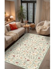 Flon Çiçek Desenli Şönil Pamuk Taban Kaymaz Yıkanabilen Antibakteriyel Salon Halısı