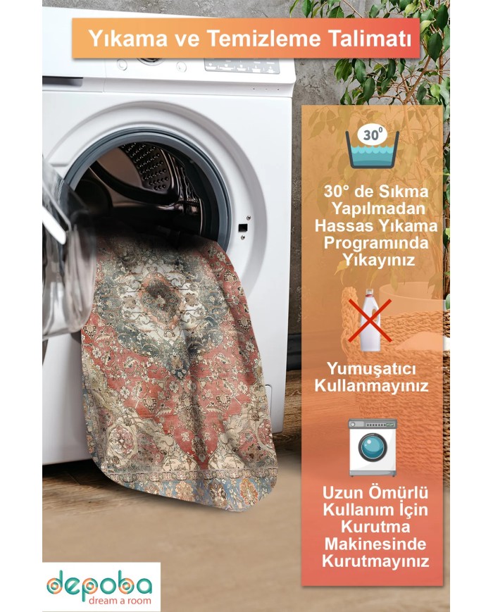 Evada Şönil Vintage Desenli Pamuk Taban Kaymaz Yıkanabilen Antibakteriyel Salon Halısı