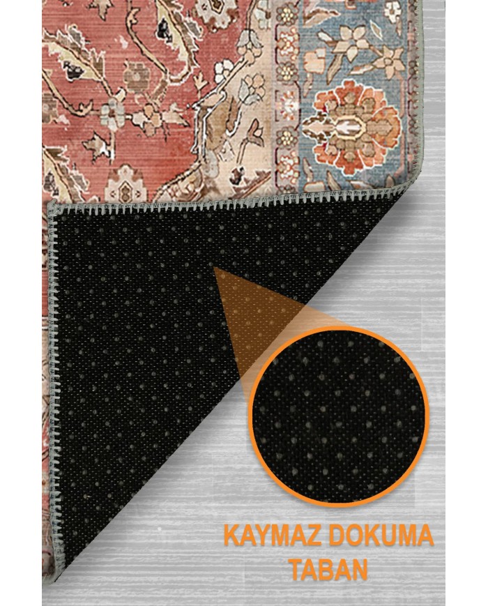 Evada Şönil Vintage Desenli Pamuk Taban Kaymaz Yıkanabilen Antibakteriyel Salon Halısı