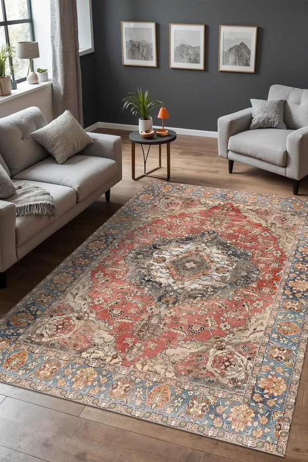 Evada Şönil Vintage Desenli Pamuk Taban Kaymaz Yıkanabilen Antibakteriyel Salon Halısı