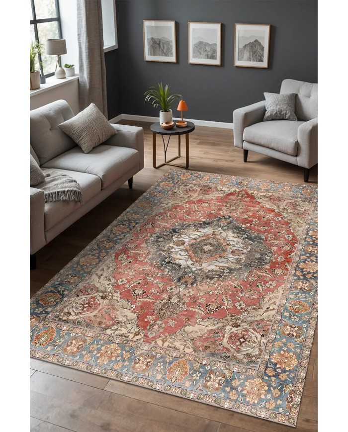 Evada Şönil Vintage Desenli Pamuk Taban Kaymaz Yıkanabilen Antibakteriyel Salon Halısı