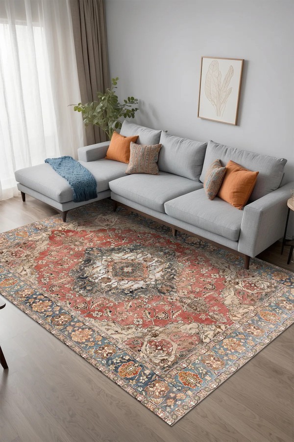 Evada Şönil Vintage Desenli Pamuk Taban Kaymaz Yıkanabilen Antibakteriyel Salon Halısı
