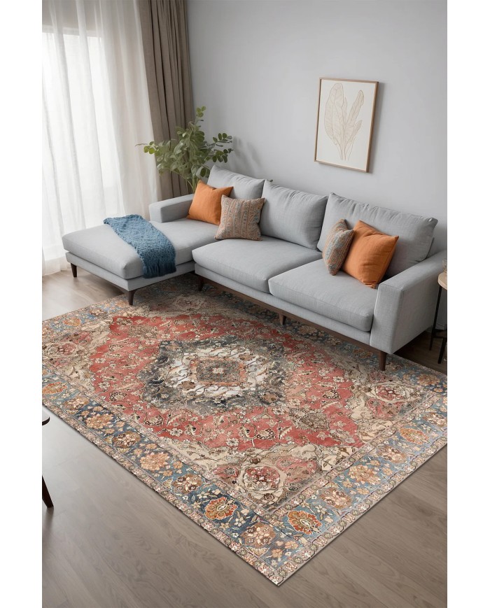 Evada Şönil Vintage Desenli Pamuk Taban Kaymaz Yıkanabilen Antibakteriyel Salon Halısı