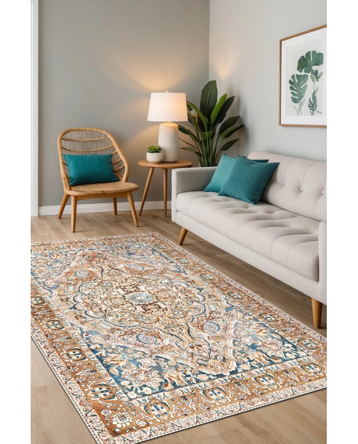 Maral Şönil Vintage Desenli Pamuk Taban Kaymaz Yıkanabilen Antibakteriyel Salon Halısı