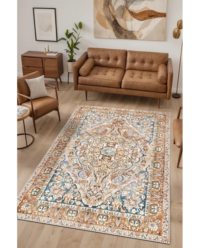 Maral Şönil Vintage Desenli Pamuk Taban Kaymaz Yıkanabilen Antibakteriyel Salon Halısı