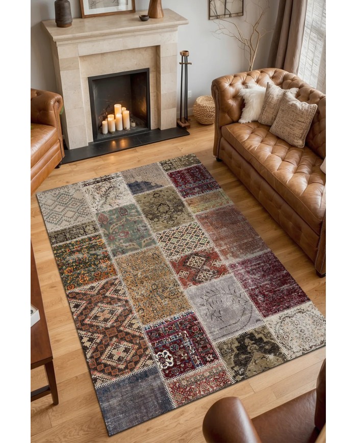 Flona Patchwork Şönil Doğal Pamuk Tabanlı Kaymaz Antibakteriyel Yıkanabilir Çevre Dostu Salon Halısı