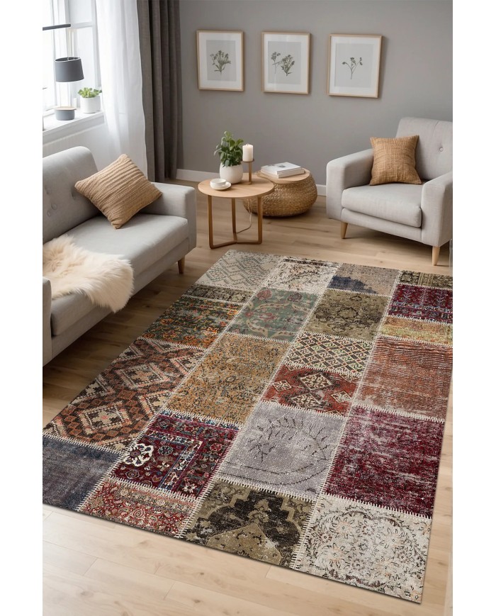 Flona Patchwork Şönil Doğal Pamuk Tabanlı Kaymaz Antibakteriyel Yıkanabilir Çevre Dostu Salon Halısı