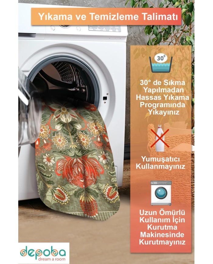 Serem Şönil Vintage Desenli Pamuk Taban Kaymaz Yıkanabilen Antibakteriyel Salon Halısı