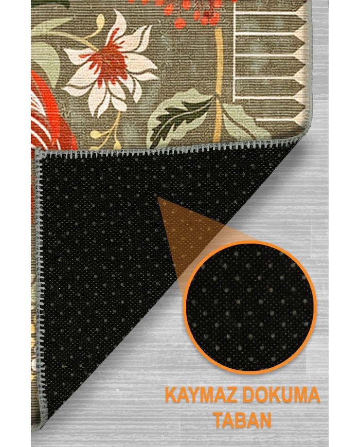 Serem Şönil Vintage Desenli Pamuk Taban Kaymaz Yıkanabilen Antibakteriyel Salon Halısı