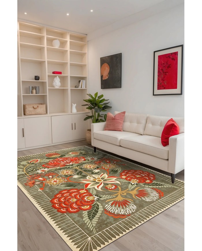 Serem Şönil Vintage Desenli Pamuk Taban Kaymaz Yıkanabilen Antibakteriyel Salon Halısı