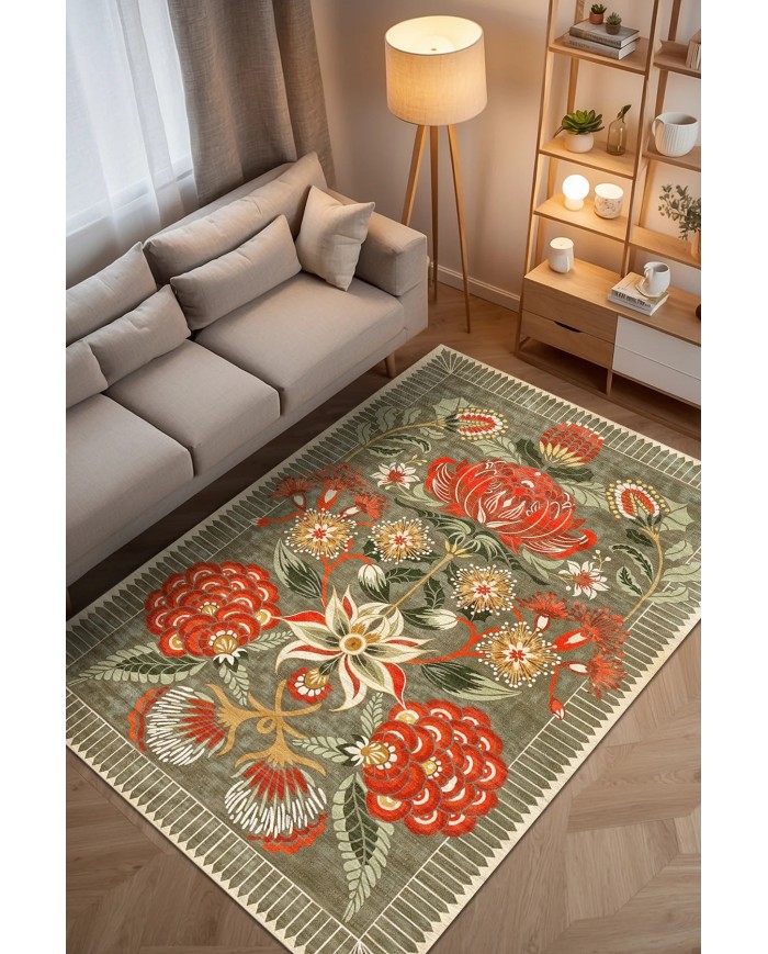 Serem Şönil Vintage Desenli Pamuk Taban Kaymaz Yıkanabilen Antibakteriyel Salon Halısı