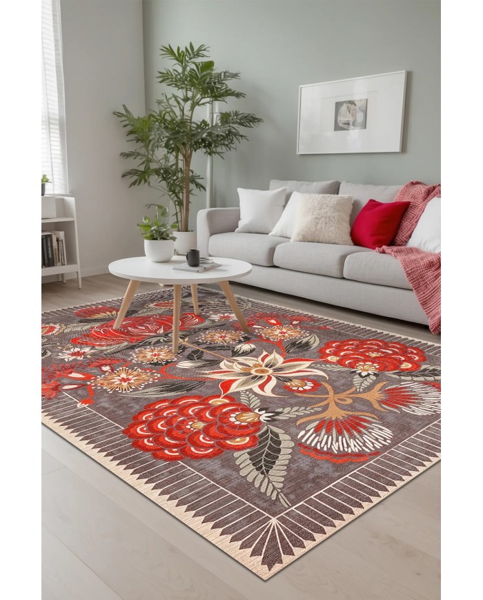 Rano Şönil Vintage Desenli Pamuk Taban Kaymaz Yıkanabilen Antibakteriyel Salon Halısı