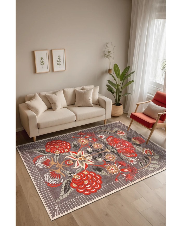 Rano Şönil Vintage Desenli Pamuk Taban Kaymaz Yıkanabilen Antibakteriyel Salon Halısı