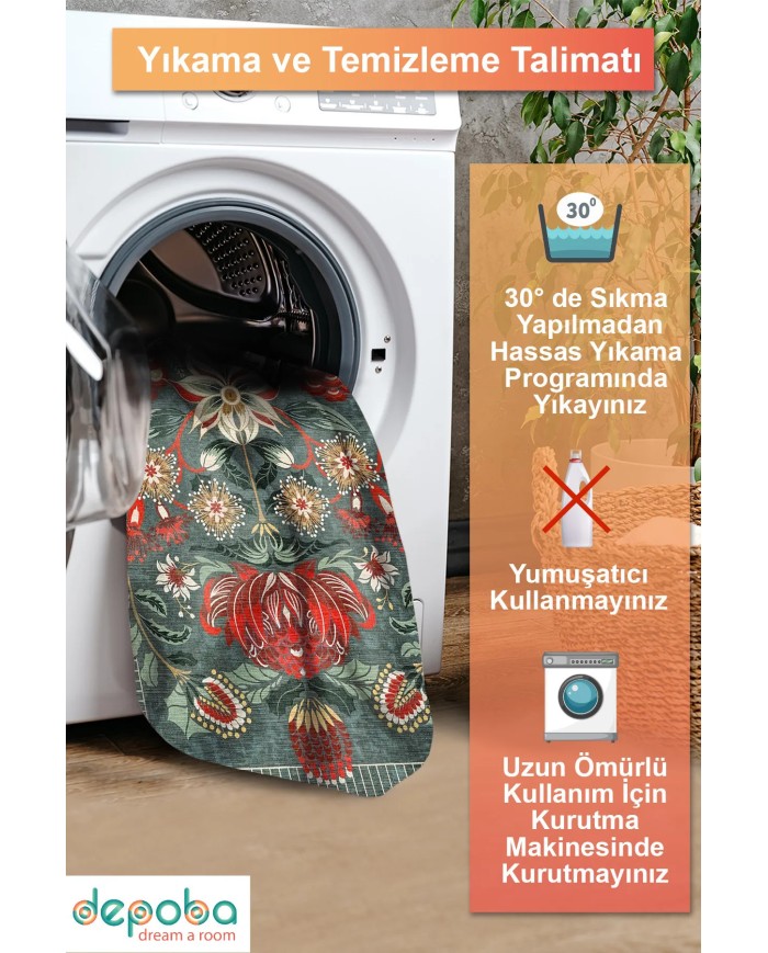 Lelna Şönil Vintage Desenli Pamuk Taban Kaymaz Yıkanabilen Antibakteriyel Salon Halısı