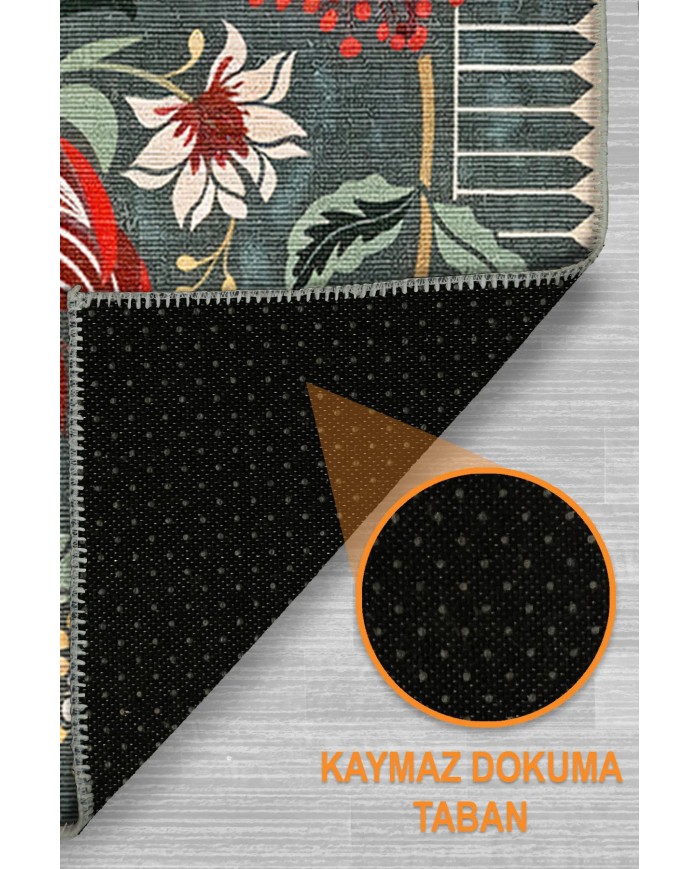 Lelna Şönil Vintage Desenli Pamuk Taban Kaymaz Yıkanabilen Antibakteriyel Salon Halısı