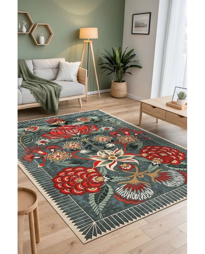 Lelna Şönil Vintage Desenli Pamuk Taban Kaymaz Yıkanabilen Antibakteriyel Salon Halısı