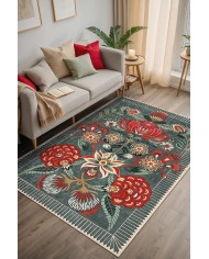 Lelna Şönil Vintage Desenli Pamuk Taban Kaymaz Yıkanabilen Antibakteriyel Salon Halısı