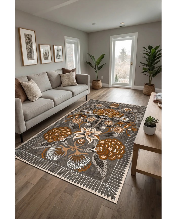 Moza Şönil Vintage Desenli Pamuk Taban Kaymaz Yıkanabilen Antibakteriyel Salon Halısı