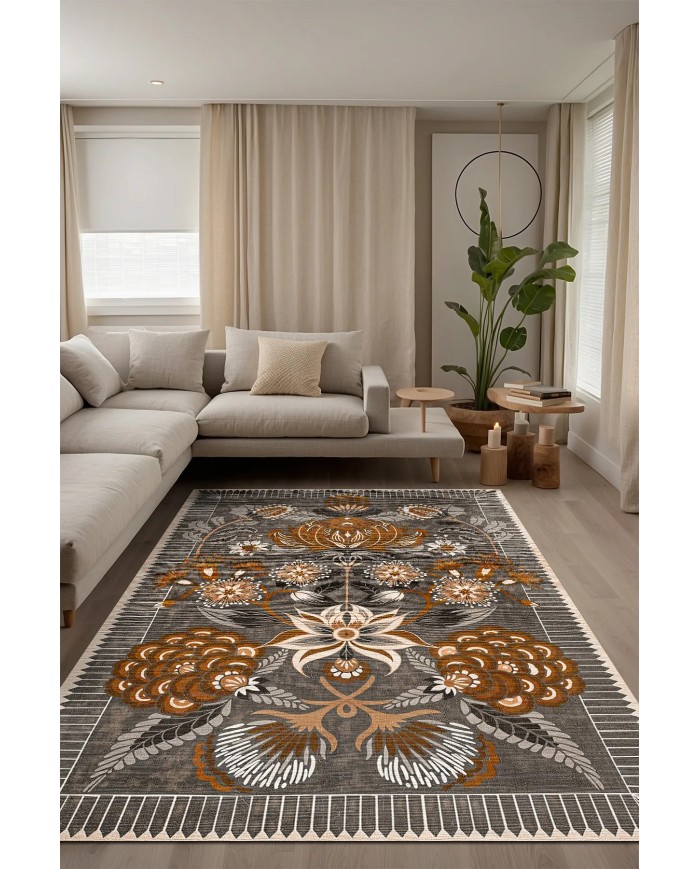 Moza Şönil Vintage Desenli Pamuk Taban Kaymaz Yıkanabilen Antibakteriyel Salon Halısı