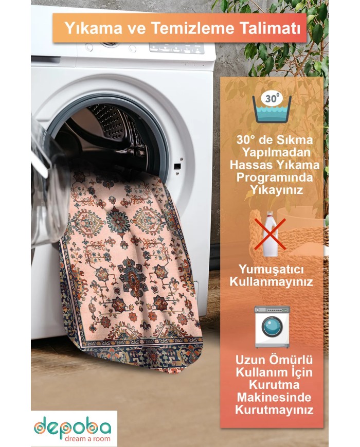 Onya Şönil Vintage Desenli Pamuk Taban Kaymaz Yıkanabilen Antibakteriyel Salon Halısı