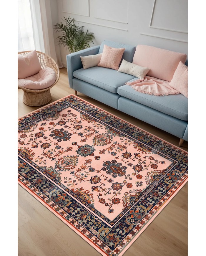 Onya Şönil Vintage Desenli Pamuk Taban Kaymaz Yıkanabilen Antibakteriyel Salon Halısı