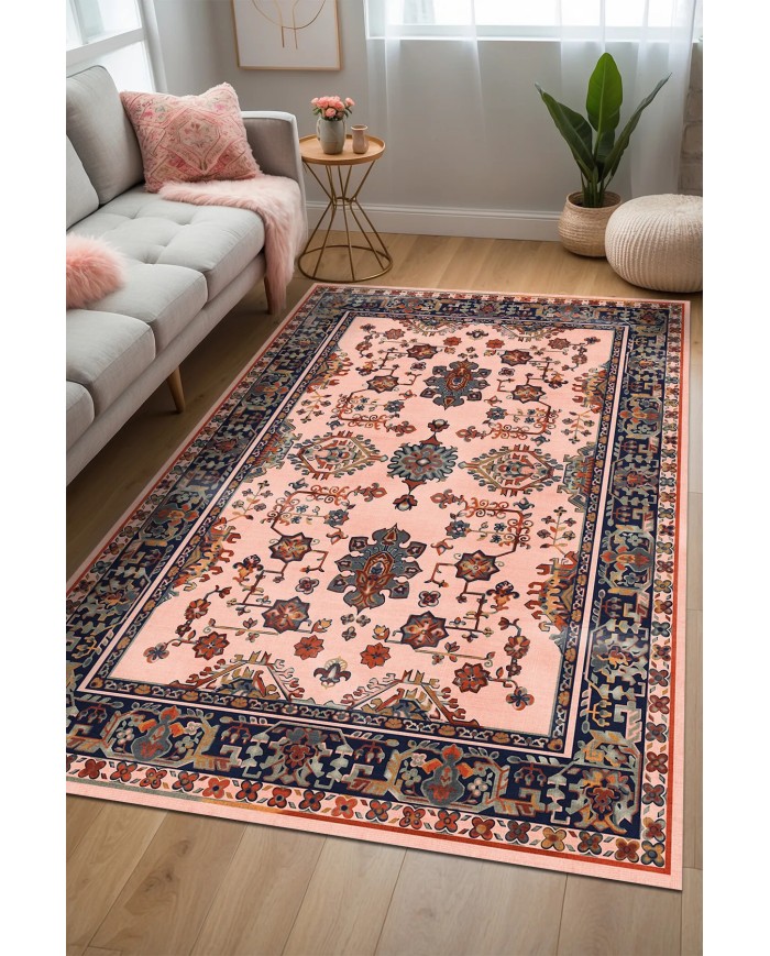 Onya Şönil Vintage Desenli Pamuk Taban Kaymaz Yıkanabilen Antibakteriyel Salon Halısı