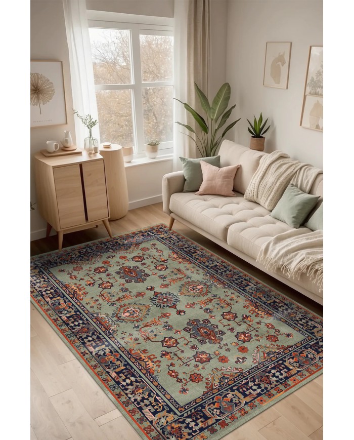 Manoly Şönil Vintage Desenli Pamuk Taban Kaymaz Yıkanabilen Antibakteriyel Salon Halısı