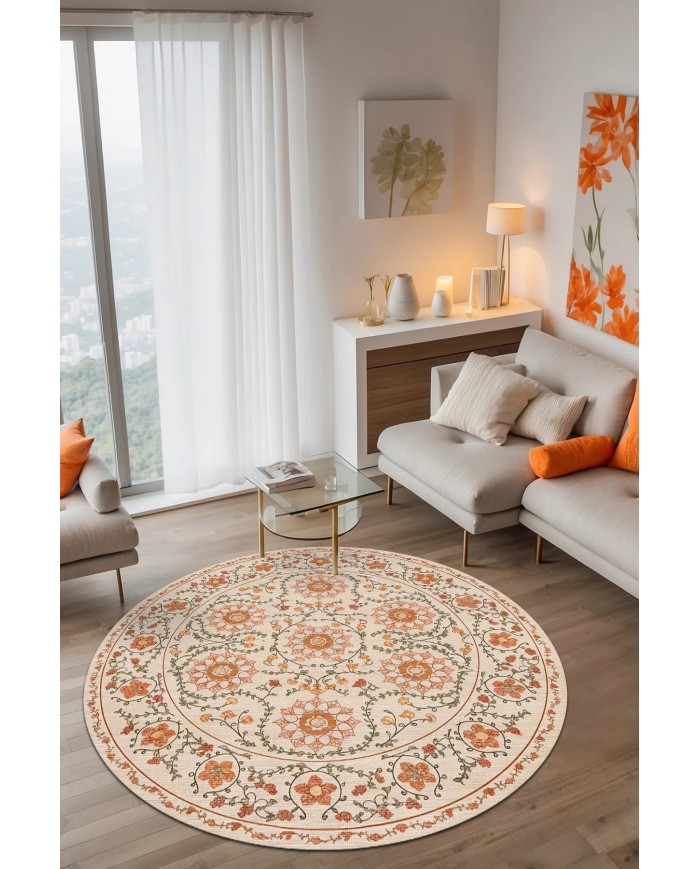 Orena Modern Şönil  Doğal Pamuk Tabanlı Yuvarlak Kaymaz Antibakteriyel Yıkanabilir Salon Halısı