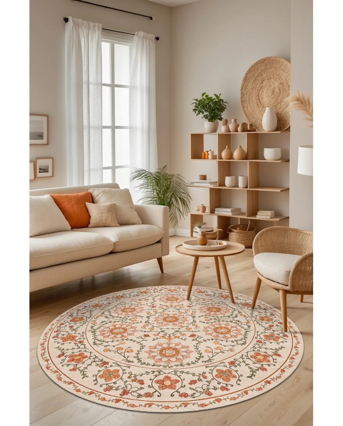 Orena Modern Şönil  Doğal Pamuk Tabanlı Yuvarlak Kaymaz Antibakteriyel Yıkanabilir Salon Halısı