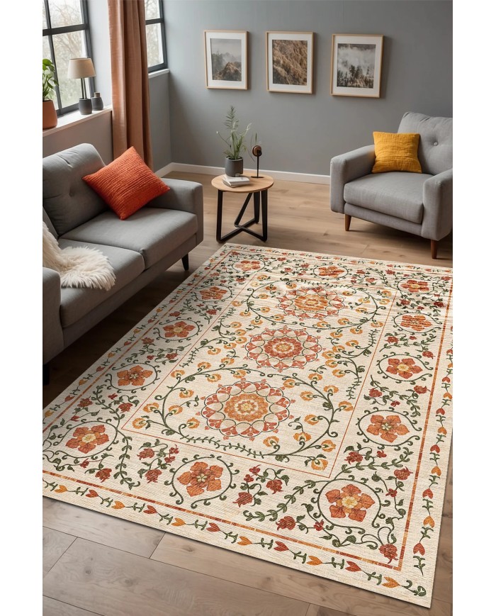 Sanda Şönil Vintage Desenli Pamuk Taban Kaymaz Yıkanabilen Antibakteriyel Salon Halısı