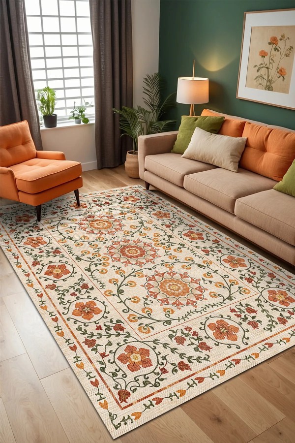 Sanda Şönil Vintage Desenli Pamuk Taban Kaymaz Yıkanabilen Antibakteriyel Salon Halısı Sanda Şönil Vintage Desenli Pamuk Taban Kaymaz Yıkanabilen Antibakteriyel Salon Halısı