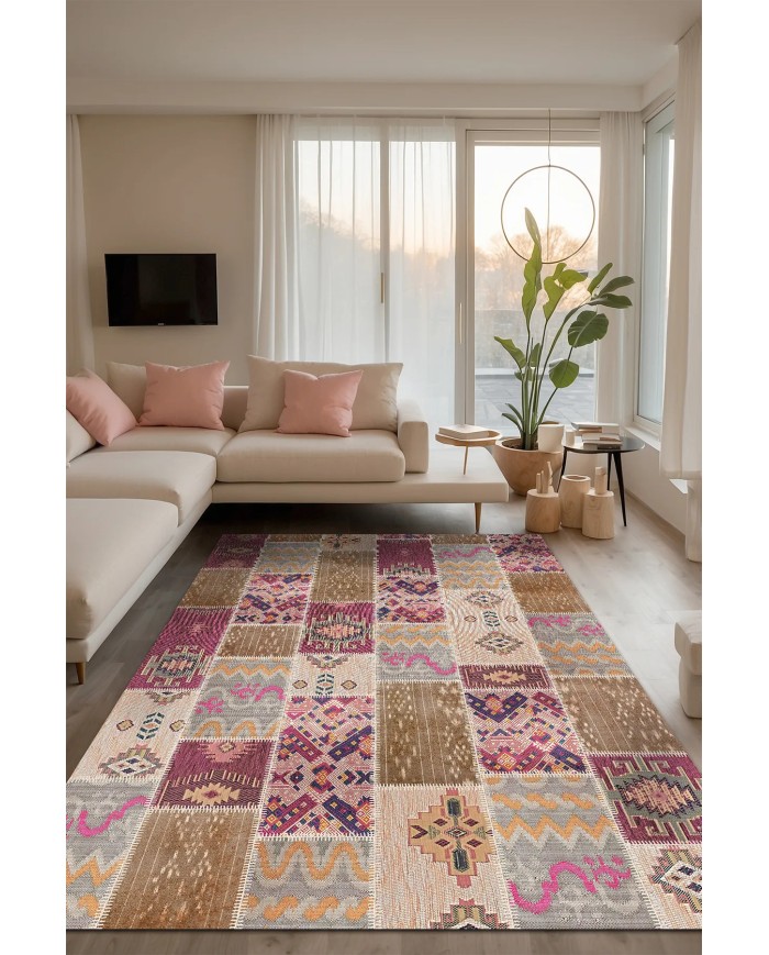 Elara Patchwork Şönil Doğal Pamuk Tabanlı Kaymaz Antibakteriyel Yıkanabilir Salon Halısı