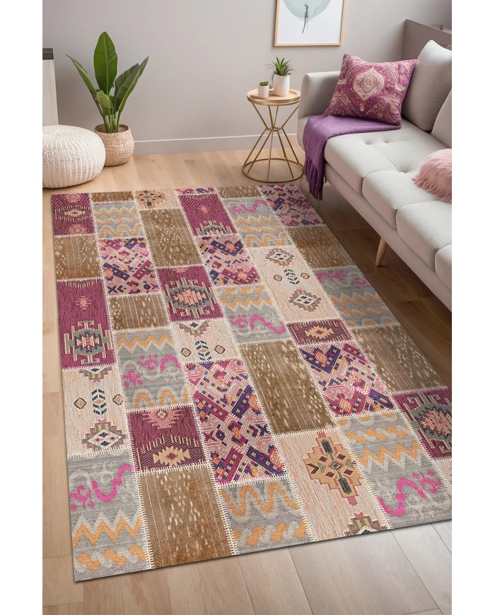 Elara Patchwork Şönil Doğal Pamuk Tabanlı Kaymaz Antibakteriyel Yıkanabilir Salon Halısı