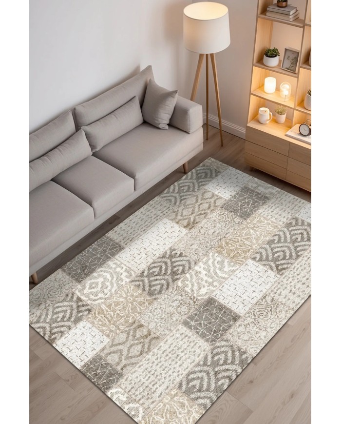 Manel Patchwork Şönil Doğal Pamuk Tabanlı Kaymaz Antibakteriyel Yıkanabilir Salon Halısı